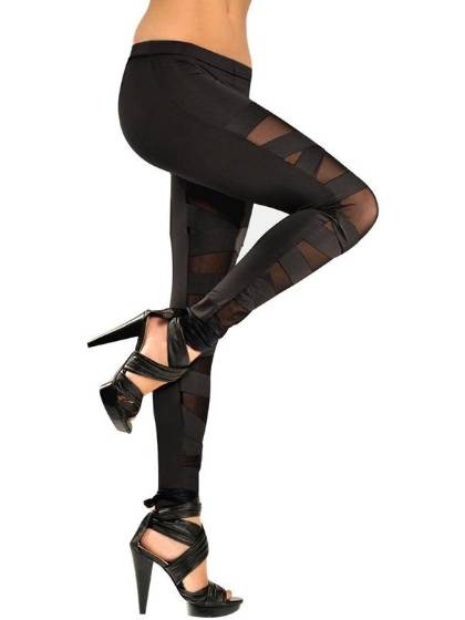 Fashion Sexy Women's Wetlook Leather Like Bandage Mesh Strappy Leggings Pants Tights