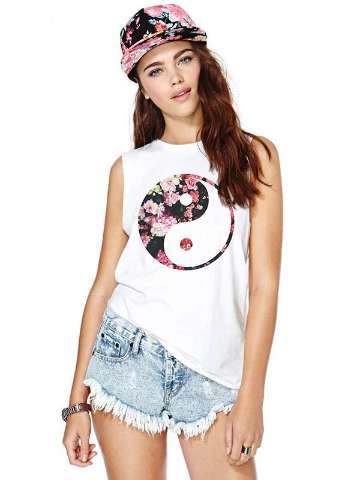Women Fashion White Digital Taiji Figure Print Sleveless Vest Vrop Top Shirt