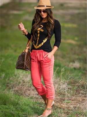 Women's Fall Fashion Long Sleeve Anchors Print Slim Tops T-shirt Basic Blouse