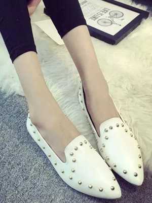 Korean Style Autumn Elegant Metal Rivets Stylish White PU Leather OL Style Office Lady Slip Flat Shoes