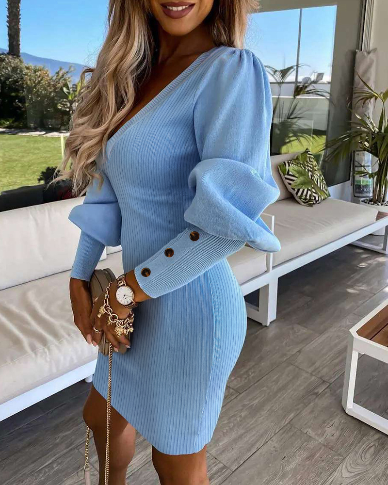 Button Decor Deep V-Neck Gigot Sleeve Mini Dress Slim Fit Knit Dress
