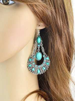 Vintage Earrings Brincos DE Prata Antique Silver Color Imitation Gemstone Drop Earrings Indian Jewelry For Women