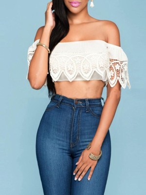Sexy Women's White Lace Strapless Crop Top Casual Off Shoulder Blouse Boho Shirt Voile Gypsy Tee