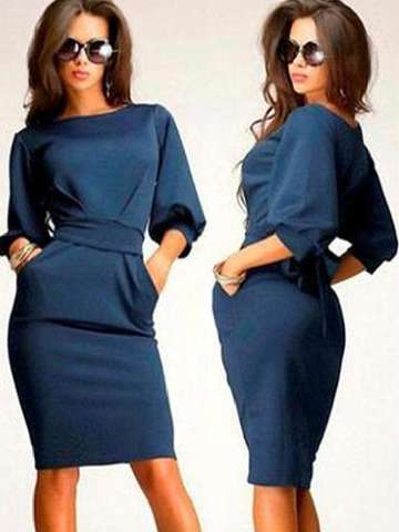 Women's Fashion Solid Color Half Dress and Puff Sleeve Hip Package Bodycon Pencil Dress
