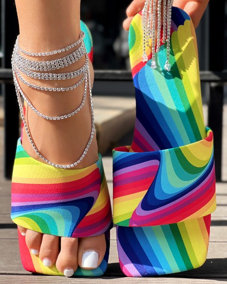 Rainbow Stripe Square Toe Slippers