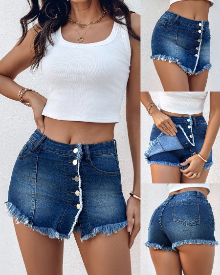 Button Front Pocket Design Denim Skirt Casual Asymmetrical Tassel Decor Split Skort
