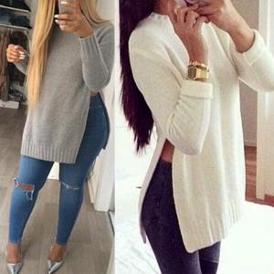 Autumn Fashion Womens Knitted Long Sleeve Casual Sweater Tops Split Open Side Round Neck Pullovers