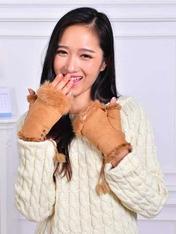 New Rabbit Fur Leather Lady Fingerless Suede Mittens Women Winter Wrist Gloves