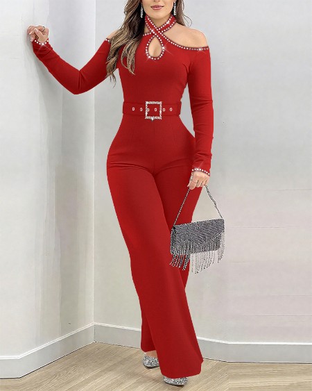 Rhinestone Decor Halter Cold Shoulder Long Sleeve Overalls Hollow-out Front Zipper Back Jumpsuit with Belt