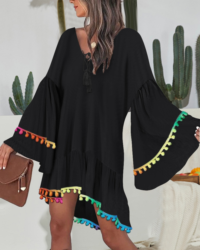 Colorful Pom Pom Decor V-Neck Bell Sleeve Tied Detail High-Low Hem Dress Casual Ruffle Hem Vacation Dress