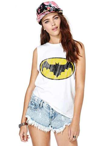 Women Fashion White Digital Catton Bat Print Sleveless Vest Vrop Top Shirt