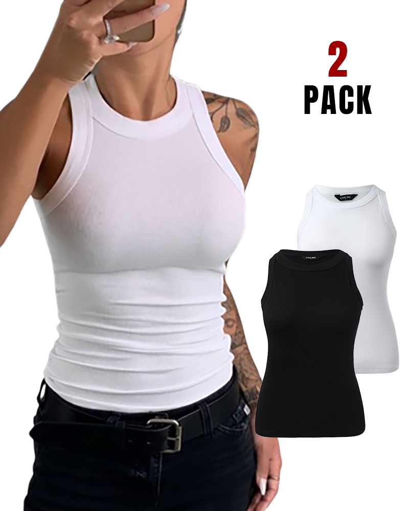 2-Pack Round Neck Thick Strap Racerback Ribbed Tank Slim Fit Tops without Bra Pads