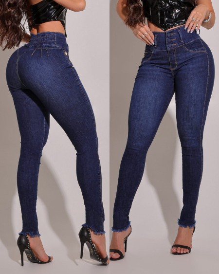 High Waist Strechy Skinny Jean Pants Casual Butt Lifting Raw Hem Slim Fit Leggings