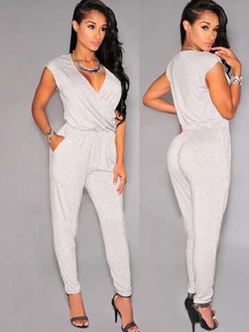 Women's Summer New Fashion Simple Casual Sexy Deep V Soft OL Slim Jumpsuit