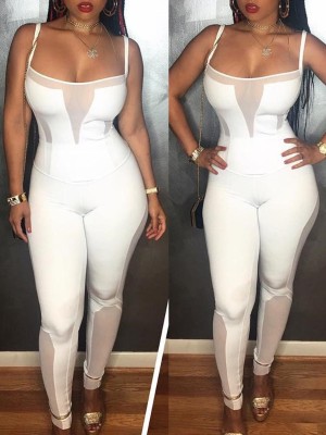 Sexy Fashion White Suit Style 2PCS Lace Sling Hollow Out  Crop Tops +  Loose Long Trousers Casual Suits