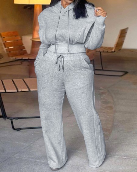Hooded Long Sleeve Sweatshirt and Casual Wide Leg Sweatpants Set