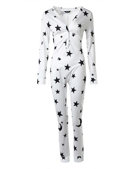 Star Moon Print V Neck Long Sleeve Jumpsuit Functional Buttoned Flap Adults Pajamas One Piece