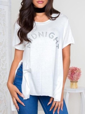 New Fashion Women Diamond Sequined Blouse T-shirt Casual Summer Split Irregular T-shirt