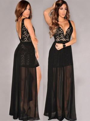 Elegant Ladys White Black Lace Top Deep V Evening Dress Sexy Prom Gowns