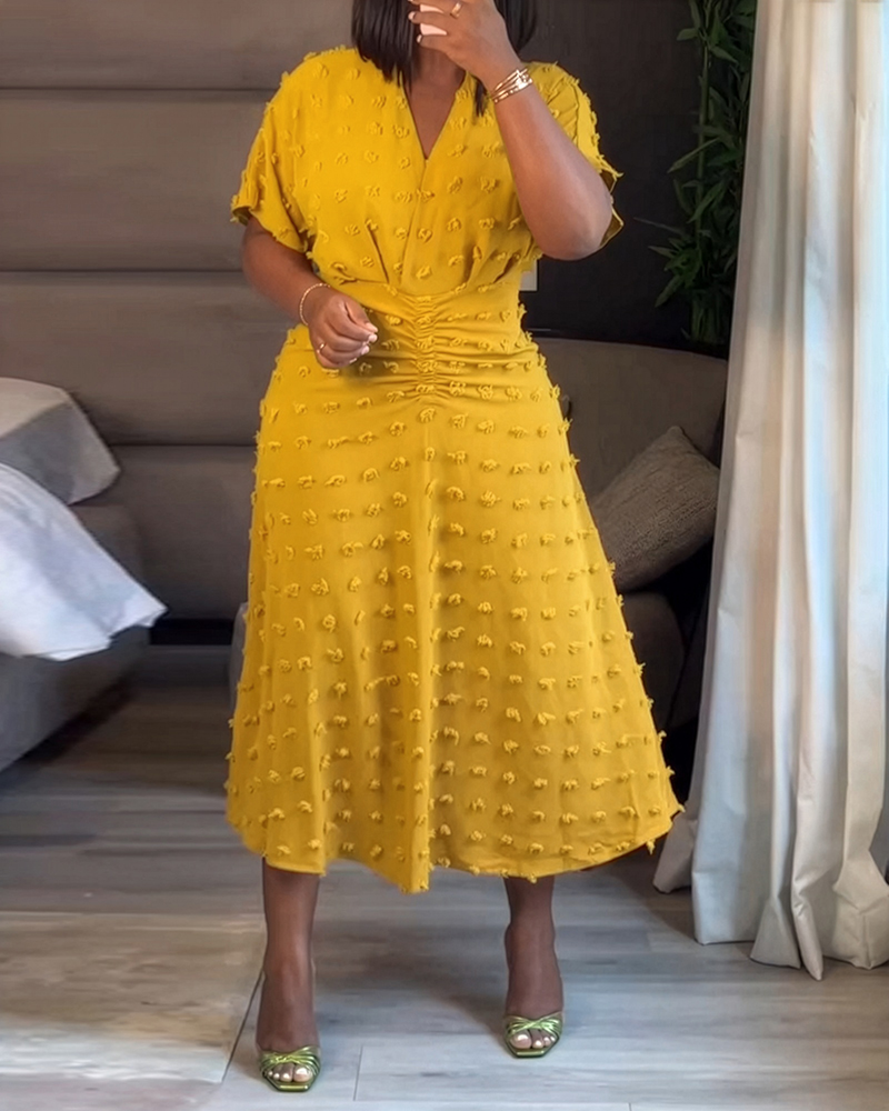 Swiss Dot V Neck Short Sleeve Dress Casual Ruched Waist Midi Dress