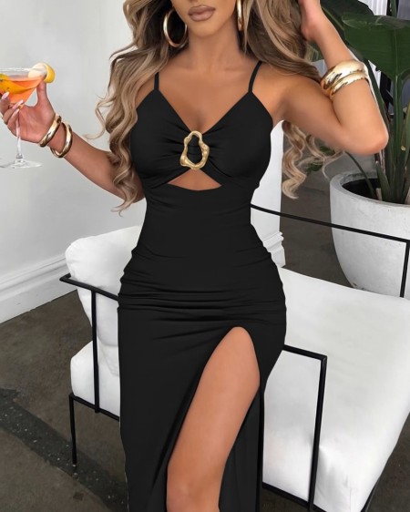 Metal Ring Decor V-Neck Adjustable Spaghetti Straps Bodycon Dress High Slit Hollow-out Evening Dress