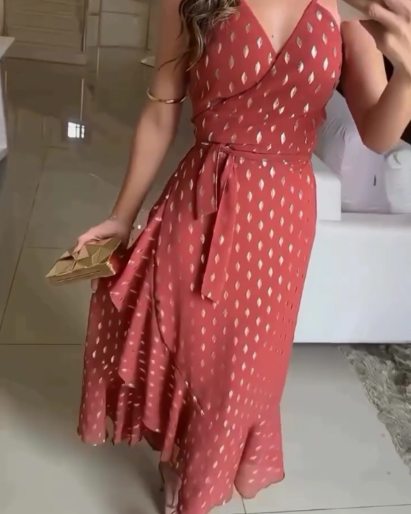 Bronzing V Neck Spaghetti Strap Ruffles Maxi Dress Casual Tied Detail Asymmetrical Dress