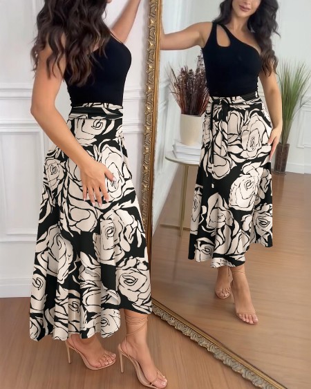 Colorblock Floral Print Wrap Lace-Up Skirt Casual Asymmetrical Hem Skirt