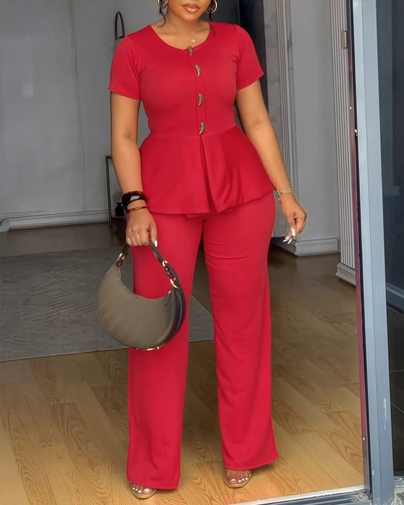 Toggle Button Decor Round Neck Peplum Waist Overalls Casual Zipper Back Wide Leg Jumpsuit