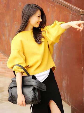 Women's Fashion Sexy Suit Sets 2 Pieces Long Batwing Sleeve Yellow Sweater + Black Skirt