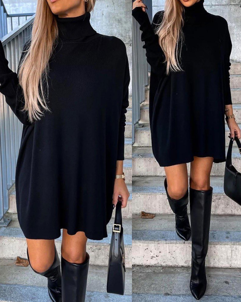 Turtleneck Long Sleeve Mini Sweater Dress Casual Minimalist Knit Dress