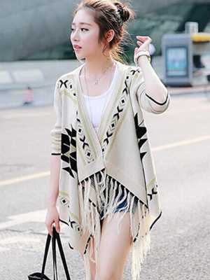 Women's Spring Fall Fashion Oversize Bohemian Style Warm Long Sleeve Tassel Tops Outwear Knit Sweater Shawl Cardigan