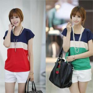 Women Clothing Colorful Stripes Stitching Chiffon Shirts Oneck 2016 Kimono Casual Blusas Vintage Vetement Femme