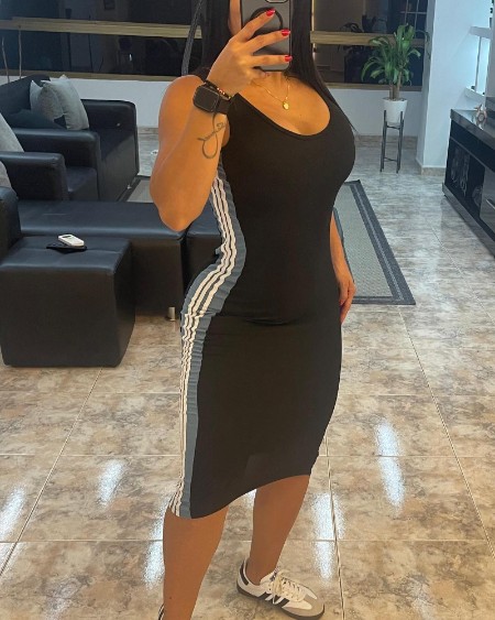 Colorblock Striped Print U-Neck Sleeveless Bodycon Dress Casual Slim Fit Midi Dress