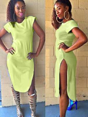 Women's Summer Fashion Round Neck Soft Sexy Slim Short Sleeve Split Dress