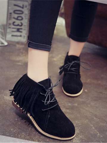 Women's Fringed Flat Heel Boots Short Martin Boots Ankle Booties Lace Boots Shoes With Tassels