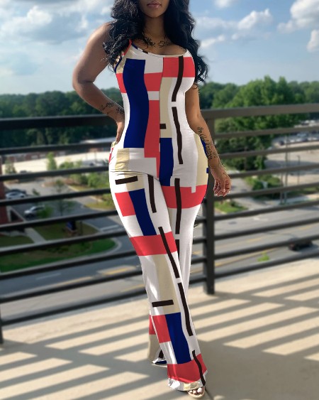 Graphic Print Colorblock U Neck Sleeveless Pocket Design Jumpsuit