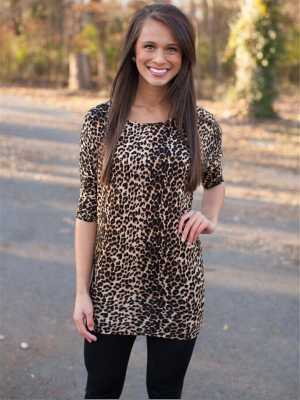 Plus Size Women's Round Neck Leopard T-shirt Fashion Casual Long Tops