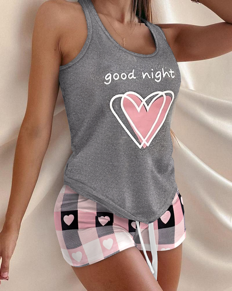2 Pieces Outfit good night Slogan & Heart Print U-Neck Sleeveless Top and Heart & Plaid Print Drawstring Elastic Waist Shorts Set Casual Pajamas Set