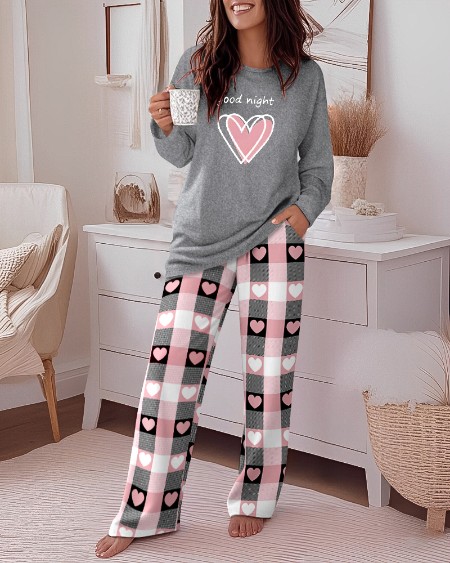 2 Pieces Outfit Good Night Slogan Print Long Sleeve Top and Plaid Print Elastic Waist Pants Set Casual Heart Print Pajamas Set