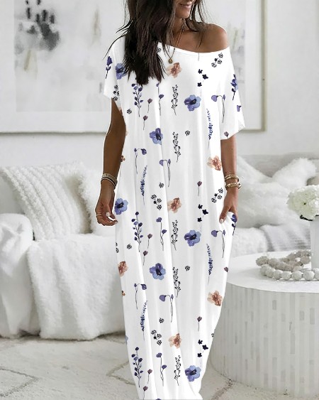 Watercolor Floral Print Skew Neck Short Sleeve Maxi Nightdress Casual Loose Fit Loungewear with Pockets