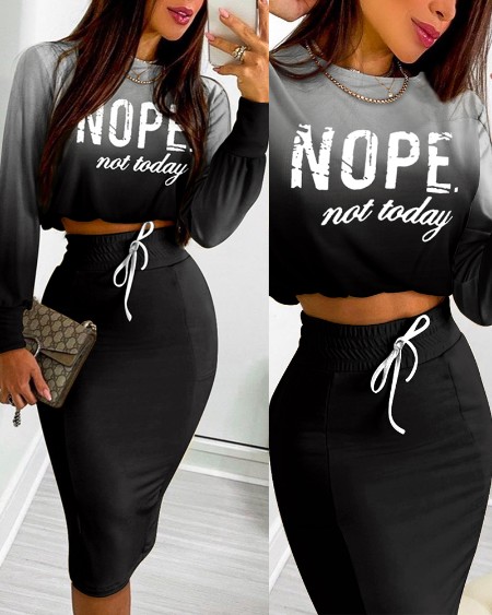 Ombre Letter Print Long Sleeve Top & Drawstring Shirred Skirt Set