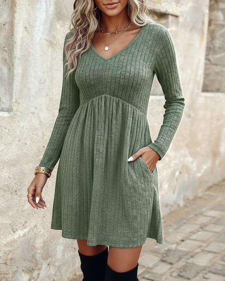 V-Neck Long Sleeve High Waist Mini Dress Casual Ribbed Brushed Dress