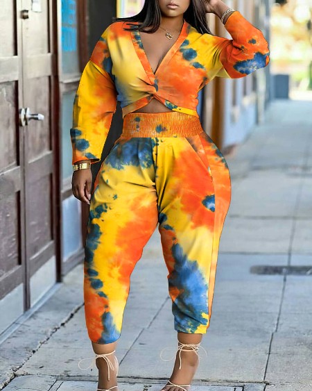 Tie Dye Print Twisted Crop Top & High Waist Pants Set