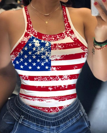 Flag Pattern Print Thick Strap Tank Top