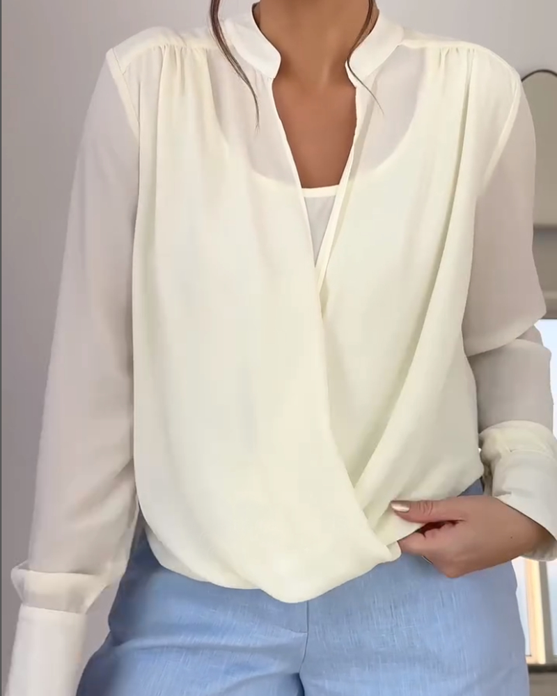 Stand Collar Overlap Draped Front Slit Hem Blouse Casual Faux Two-Piece Chiffon Top