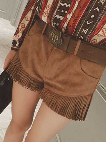 Fashion Women's High Waist Suede Shorts Tassels Attached Fringed Shorts Short Pants