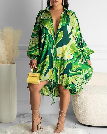 Colorblock Lantern Sleeve Drawstring Dip Hem Dress