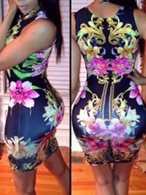 Women Sexy Bodycon Floral Print Back Zip Dress Elegant High Waist Sleeveless Hip Package Dress