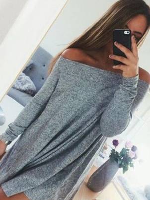 Grey Long Sleeve Off Shoulder Stylish Casual Long Tops Plus Size T-shirt Casual Mini Dress