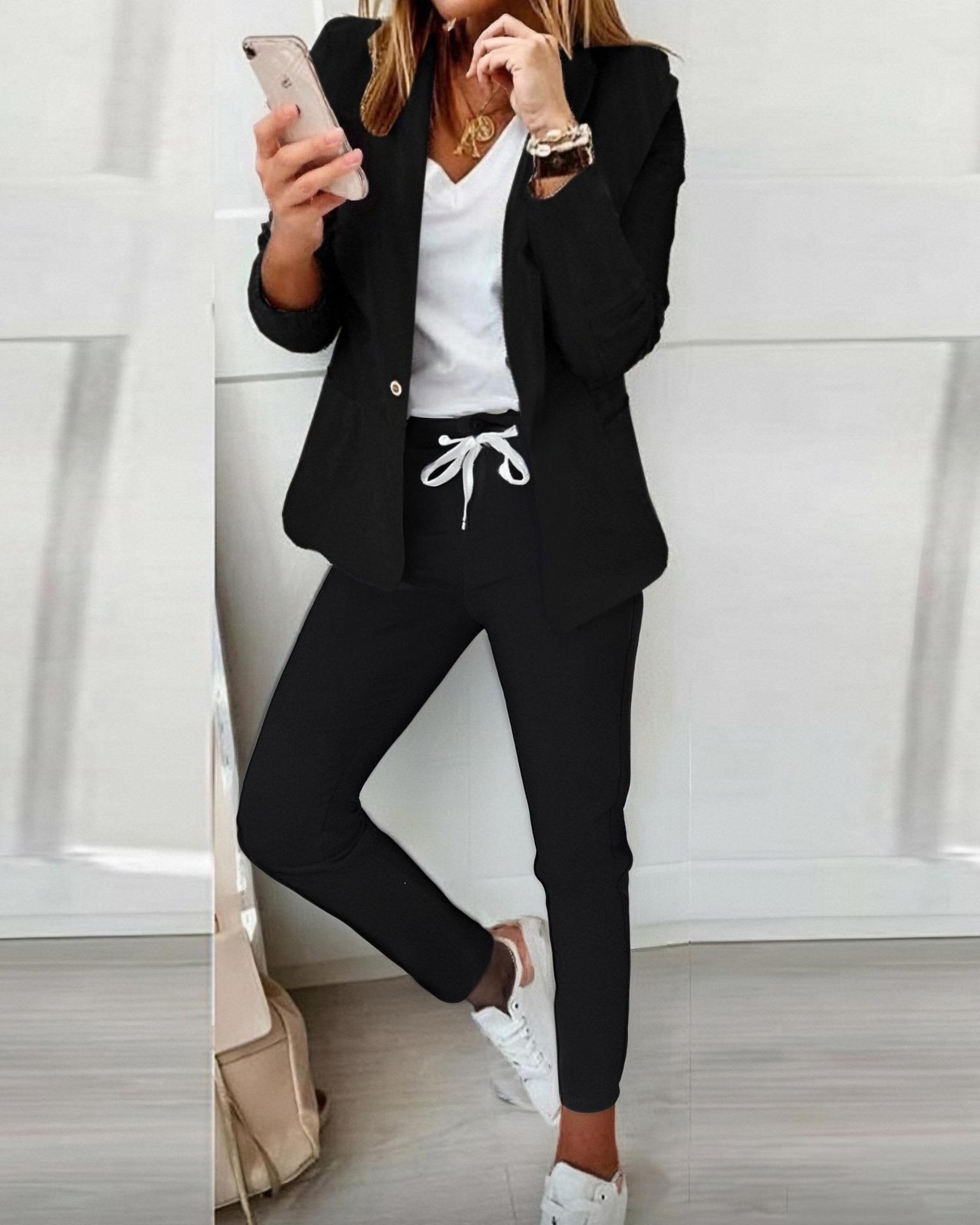 2 Piece Lapel Neck Blazer Coat & Drawstring Pants Set